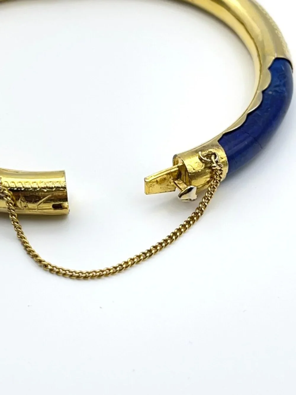 Vintage Blue Stone Gold Tone Hinged Bangle Bracelet